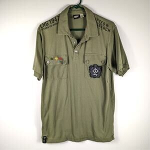 LRG Medium Polo Shirt Mens Green Utility Graphic Embroidered Cotton Short Sleeve